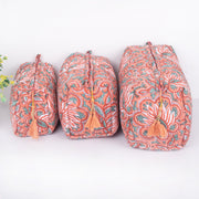 Indian Cotton Floral Hand Block Print Toiletry Bag,Travel bag,Make up Pouch,Quilted Wash Bag,Shaving Kit, Vanity Case